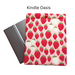 Kindle sleeve with snap to protect Kindle e-readers made with a pink back ground with red and white strawberries.